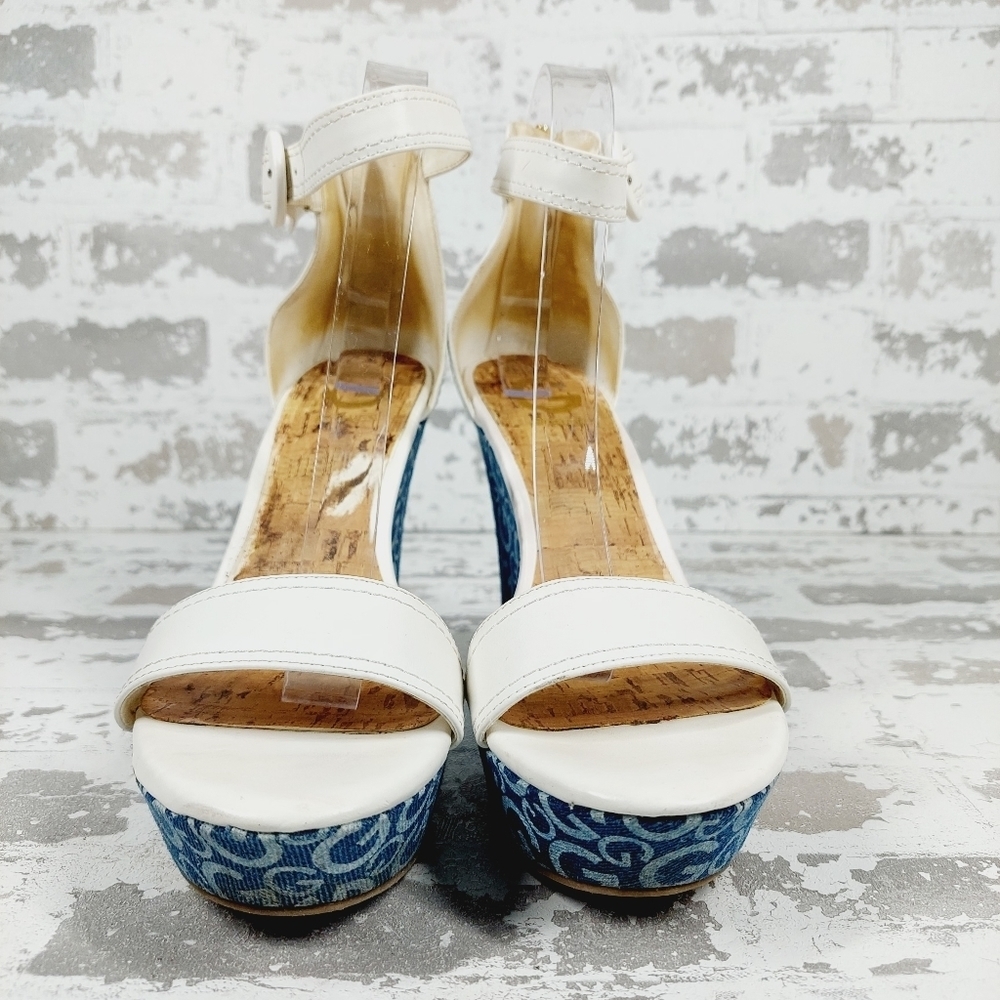 Guess Womens Donny Shoes White Blue Signature Logo Wedge Platform Sandals D54 - Picture 3 of 15